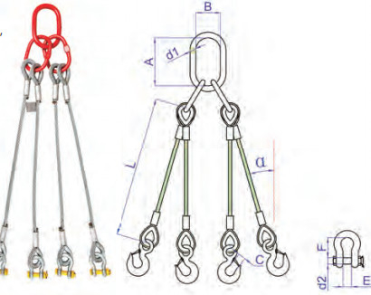 Aço galvanizado 48mm 4 Way Wire Rope Slings Lift Sling